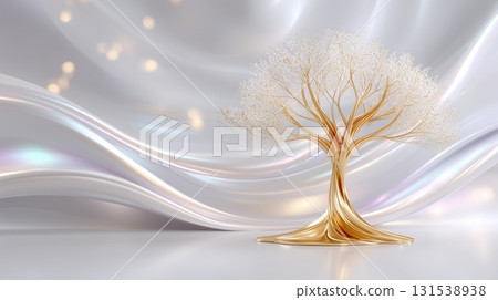 Golden tree with sparkling leaves on an elegant iridescent white background with bokeh lights 131538938
