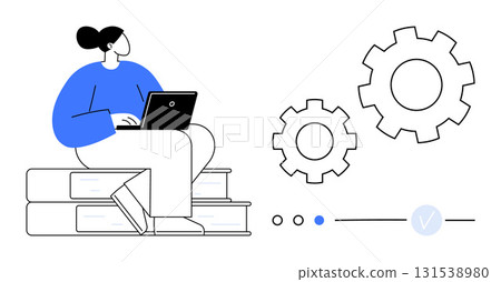 Person working on a laptop while sitting on stacked books. Gears and progress indicators in the background. Ideal for productivity, education, work-from-home, technology, progress tracking, learning Person working on a laptop while sitting on stacked books. Gears and progress indicators in the background. Ideal for productivity, education, work-from-home, technology, progress tracking, learning 131538980