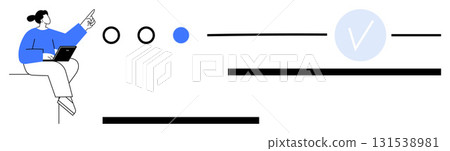 Person with laptop pointing at interface elements. Includes circles, lines, and checkmark. Ideal for web design, user interface, technology, instructions tutorials education presentations. Line 131538981