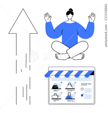 Person meditating with upward arrow and online shopping platform. Ideal for e-commerce success, mindfulness, productivity, business growth, digital marketing, online shopping, self-improvement. Line Person meditating with upward arrow and online shopping platform. Ideal for e-commerce success, mindfulness, productivity, business growth, digital marketing, online shopping, self-improvement. Line 131538982
