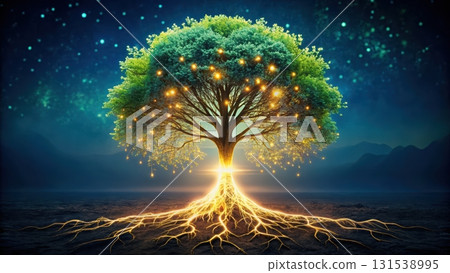 Glowing financial tree with illuminated lights representing wealth growth and prosperity in nature 131538995