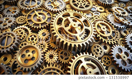Massive gear system powered by mechanical components representing industrial engineering and innovation 131538997