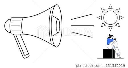 Megaphone projecting rays toward sun and woman reading, conveying powerful communication and clarity. Ideal for marketing, announcements, inspiration, awareness, education, motivation. Line metaphor Megaphone projecting rays toward sun and woman reading, conveying powerful communication and clarity. Ideal for marketing, announcements, inspiration, awareness, education, motivation. Line metaphor 131539019