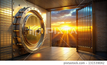 Vault door opening to reveal a stunning sunset background symbolizing opportunity and new beginnings Vault door opening to reveal a stunning sunset background symbolizing opportunity and new beginnings 131539042