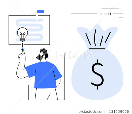 Man pointing at a lightbulb with a maze path next to a large dollar-sign money bag. Ideal for finance, investments, business strategy, startup planning, innovation, financial growth, economic 131539066