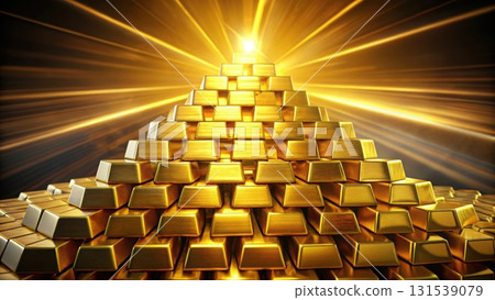 A majestic mountain of shining gold bars depicting abundance and prosperity in finance and wealth 131539079