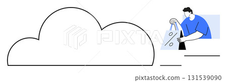 Man holding shopping bags with discount signs beside a large cloud outline. Ideal for e-commerce, digital storage, online shopping, data management, marketing, cloud computing, and sales. Line 131539090