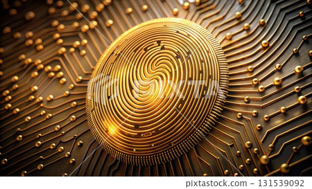 A massive golden fingerprint embedded in a circuit board symbolizing unique identity in digital age 131539092