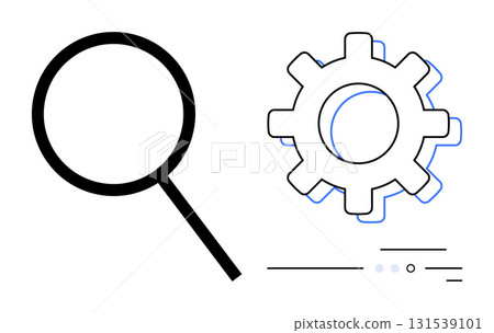 Magnifying glass and gear icons symbolizing search and optimization concepts. Ideal for themes in technology, search engines, engineering, problem-solving, development, productivity, and digital 131539101