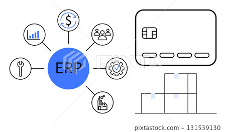 ERP icon in center connected to finance, people, analytics, settings, and production. Credit card and warehouse on the right. Ideal for finance, HR, analytics IT manufacturing and supply chain ERP icon in center connected to finance, people, analytics, settings, and production. Credit card and warehouse on the right. Ideal for finance, HR, analytics IT manufacturing and supply chain 131539130