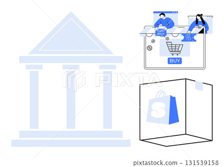 Digital shopping cart with Buy button, cash back offer, and discount symbols. Architectural building and shopping bag in box. Ideal for e-commerce, online shopping, retail, consumer behavior, digital 131539158