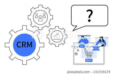 CRM gears, team collaboration, sales growth chart, speech bubble with question mark, people online shopping, discount, cashback, purchase button. Ideal for marketing sales business strategy team 131539174