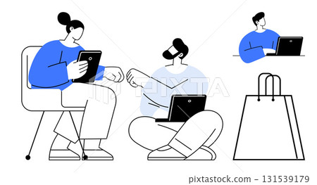 Collaborative team working on laptops and tablets, exchanging ideas, sitting on chairs and floor, fist bumping. Ideal for teamwork, remote work, digital collaboration, business meetings, online Collaborative team working on laptops and tablets, exchanging ideas, sitting on chairs and floor, fist bumping. Ideal for teamwork, remote work, digital collaboration, business meetings, online 131539179