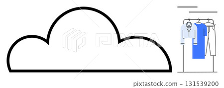 Cloud outline next to a wardrobe with hanging clothes in various colors and styles. Ideal for cloud computing, storage solutions, organization, data management, metaphorical thinking, minimalistic 131539200