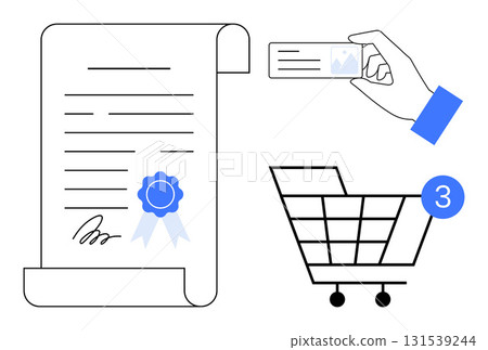 Certified document, hand holding credit card, and shopping cart with notification. Ideal for e-commerce, online transactions, digital certification, secure payments, education, shopping 131539244