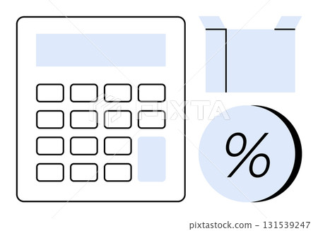 Calculator with a numeric keypad, percentage symbol, and open box represent financial analysis, budgeting, and calculations. Ideal for accounting, education, business planning, retail discounts, tax 131539247