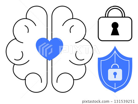 Brain with a central heart, next to a padlock and shield with a lock. Ideal for mental health, emotional wellness, data security, mindfulness, cybersecurity, cognitive safety and self-care. Line 131539251