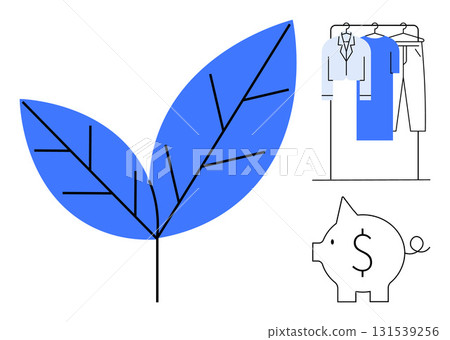 Blue leaf with parallel veins, clothes hanging on a rack, and a piggy bank with a dollar sign. Ideal for sustainability, finance, eco-friendly habits, savings, lifestyle, environment conservation Blue leaf with parallel veins, clothes hanging on a rack, and a piggy bank with a dollar sign. Ideal for sustainability, finance, eco-friendly habits, savings, lifestyle, environment conservation 131539256