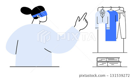 Woman using a virtual reality headset, pointing at a wardrobe with various clothes. Ideal for retail technology, virtual shopping, futuristic wardrobes, e-commerce, user experience, fashion tech 131539272