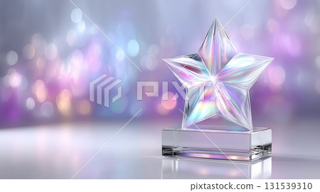Iridescent Crystal Star Trophy on Reflective Surface with Bokeh Lights 131539310