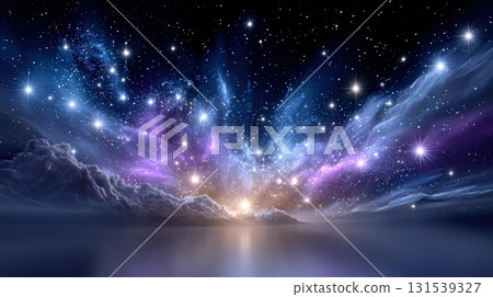 Mystical Cosmic Night Sky with Shimmering Nebula and Luminous Landscape Reflection 131539327
