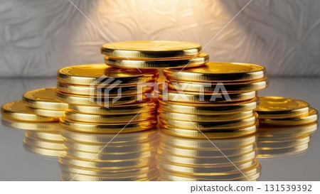 Freshly minted gold coins on reflective surface shining under soft spotlight with fine details 131539392