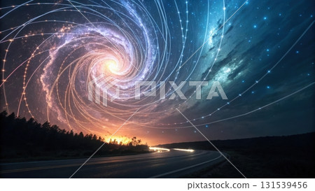 A road with a spiral galaxy in the sky creating a stunning visual of cosmic connection and journey 131539456