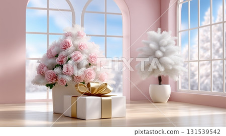 Elegant Winter Holiday Scene with Pink Roses and Gift Box in a Pastel Room Elegant Winter Holiday Scene with Pink Roses and Gift Box in a Pastel Room 131539542