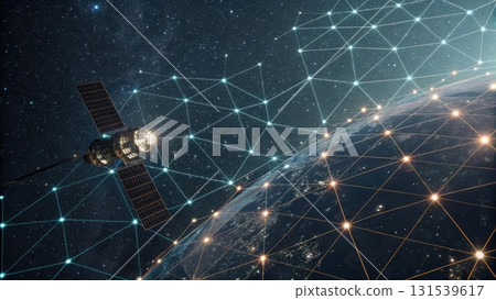 Satellite orbiting a distant planet while transmitting signals in a space-age seamless pattern Satellite orbiting a distant planet while transmitting signals in a space-age seamless pattern 131539617