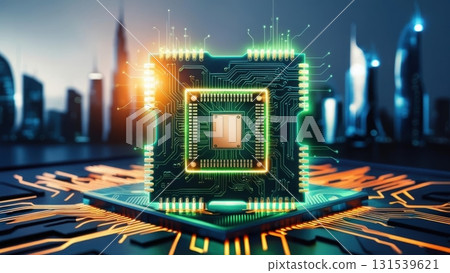 Circuit board displaying intricate circuitry against a background of futuristic city lights and designs Circuit board displaying intricate circuitry against a background of futuristic city lights and designs 131539621