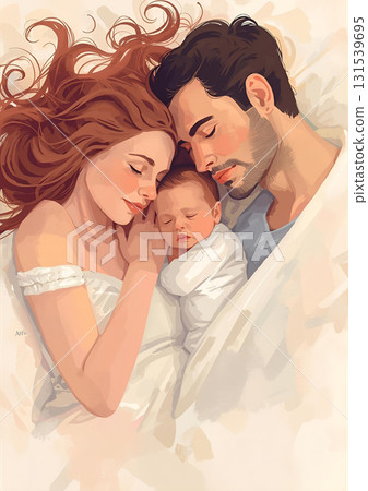 Image of a happy family sleeping together Image of a happy family sleeping together 131539695