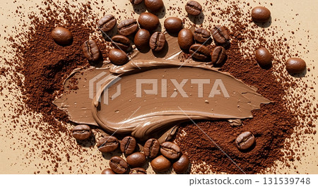 Rich coffee beans and chocolate spread create a delicious texture and flavor combination for mouthwatering dessert recipes and cozy drinks Rich coffee beans and chocolate spread create a delicious texture and flavor combination for mouthwatering dessert recipes and cozy drinks 131539748