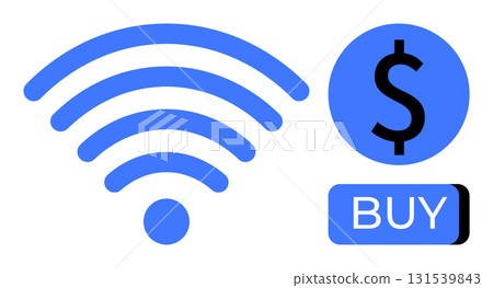 wireless signal icon, dollar sign, and BUY button indicating online shopping, internet transaction, and connectivity. Ideal for e-commerce, mobile payments, financial transactions, digital services wireless signal icon, dollar sign, and BUY button indicating online shopping, internet transaction, and connectivity. Ideal for e-commerce, mobile payments, financial transactions, digital services 131539843