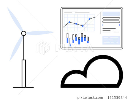 Wind turbine generating renewable energy, data analytics dashboard displaying graphs and charts, and cloud computing icon. Ideal for renewable energy, tech, environment, clean energy, analytics Wind turbine generating renewable energy, data analytics dashboard displaying graphs and charts, and cloud computing icon. Ideal for renewable energy, tech, environment, clean energy, analytics 131539844