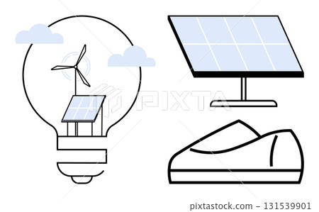 Solar panel on stand, solar panel inside light bulb with wind turbine, electric vehicle. Ideal for renewable energy concepts, sustainability, alternative power sources, green transportation, clean 131539901