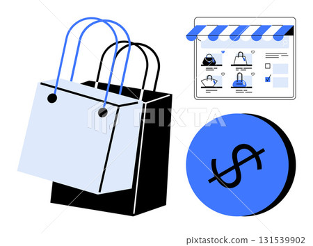 Shopping bags, e-commerce website interface, and dollar sign. Ideal for online shopping, retail, e-commerce, digital marketing, business financial management consumer behavior. Line metaphor 131539902