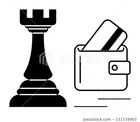 Rook chess piece and wallet with credit card. Ideal for financial strategy, budgeting, investment, planning, decision making, risk management, personal finance. Line metaphor 131539903