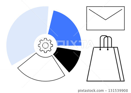 Pie chart segments in pastel blue, bright blue, gray, and black with a gear icon, an envelope, and a shopping bag outline. Ideal for infographics, marketing, email campaigns retail strategy Pie chart segments in pastel blue, bright blue, gray, and black with a gear icon, an envelope, and a shopping bag outline. Ideal for infographics, marketing, email campaigns retail strategy 131539908