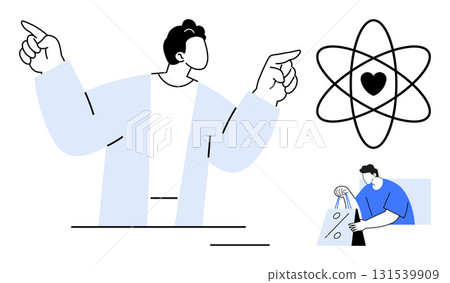 Person pointing upwards, atom with heart symbolizing love for science, individual placing objects in bag. Ideal for education, science, balance, work-life integration, passion, shopping metaphors 131539909