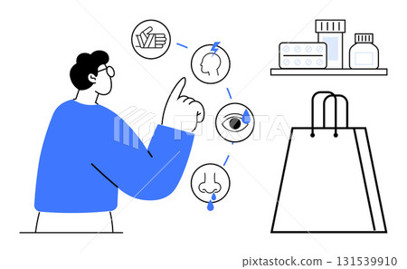 Person pointing at cold symptoms icons headache, eye irritation, runny nose with medications and shopping bag. Ideal for health, pharmacy, medicine, cold prevention, healthcare, shopping symptom Person pointing at cold symptoms icons headache, eye irritation, runny nose with medications and shopping bag. Ideal for health, pharmacy, medicine, cold prevention, healthcare, shopping symptom 131539910