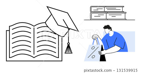 Open book with graduation cap, man in blue shirt holding discount bag, and three stacked books. Ideal for education, e-commerce, back-to-school, graduation, learning resources, academic achievements Open book with graduation cap, man in blue shirt holding discount bag, and three stacked books. Ideal for education, e-commerce, back-to-school, graduation, learning resources, academic achievements 131539915
