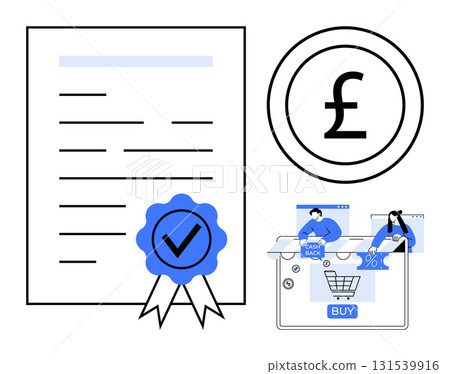 Official document with blue seal and checkmark, pound sterling currency sign, e-commerce dashboard featuring cashback and discount icons. Ideal for finance, e-commerce, official documents, currency Official document with blue seal and checkmark, pound sterling currency sign, e-commerce dashboard featuring cashback and discount icons. Ideal for finance, e-commerce, official documents, currency 131539916