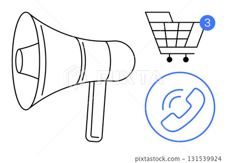 Megaphone next to shopping cart with notification dot and phone call icon. Ideal for e-commerce, marketing, communication, announcements, customer service, online shopping, notifications. Line Megaphone next to shopping cart with notification dot and phone call icon. Ideal for e-commerce, marketing, communication, announcements, customer service, online shopping, notifications. Line 131539924