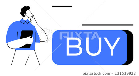 Man holding tablet in contemplative pose next to a large blue BUY button. Ideal for e-commerce, online shopping, decision-making, marketing strategies, financial planning, user experience design Man holding tablet in contemplative pose next to a large blue BUY button. Ideal for e-commerce, online shopping, decision-making, marketing strategies, financial planning, user experience design 131539928