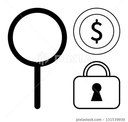 Magnifying glass, dollar sign within a circle, and a padlock with a keyhole. Ideal for finance, security, privacy, banking, investigation online protection digital trust. Line metaphor Magnifying glass, dollar sign within a circle, and a padlock with a keyhole. Ideal for finance, security, privacy, banking, investigation online protection digital trust. Line metaphor 131539930