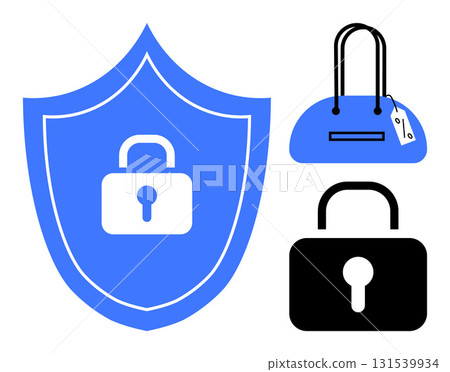 Lock inside a blue shield and separate black lock alongside a handbag with a price tag. Ideal for security, protection, shopping, e-commerce, privacy, cybersecurity, and retail themes. Line metaphor Lock inside a blue shield and separate black lock alongside a handbag with a price tag. Ideal for security, protection, shopping, e-commerce, privacy, cybersecurity, and retail themes. Line metaphor 131539934
