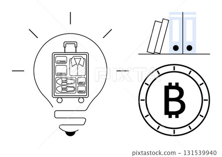 Lightbulb containing organized luggage symbolizes ideas and planning. Bitcoin coin represents cryptocurrency. Bookshelf with binders indicates organization and knowledge. Ideal for travel, finance Lightbulb containing organized luggage symbolizes ideas and planning. Bitcoin coin represents cryptocurrency. Bookshelf with binders indicates organization and knowledge. Ideal for travel, finance 131539940