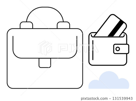 Leather briefcase, wallet with credit card, small cloud shape. Ideal for business, finance, travel, security, corporate minimalism cloud storage. Line metaphor Leather briefcase, wallet with credit card, small cloud shape. Ideal for business, finance, travel, security, corporate minimalism cloud storage. Line metaphor 131539943
