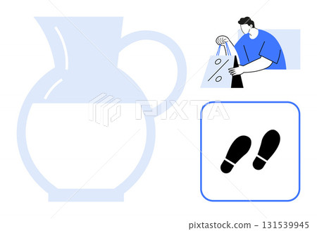 Large pitcher of water beside person carrying shopping bags and icon of footprints. Ideal for hydration, shopping, movement, fitness, health, retail, daily routine. Line metaphor 131539945