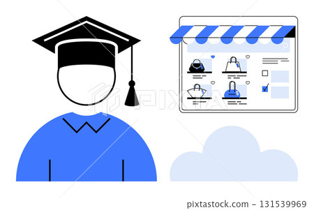 Graduated student in cap and gown next to an online store webpage with products. Ideal for education, e-commerce, student success, online learning, digital marketing, entrepreneurship, career growth 131539969